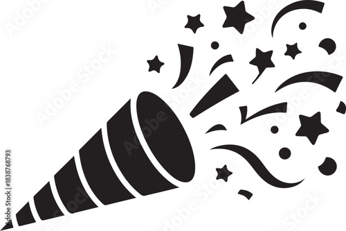 Black party popper exploding with stars and confetti