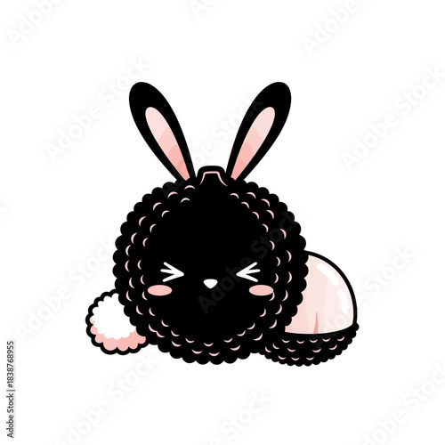 Black fluffy rabbit character cartoon vector illustration with pink ears and cheeks isolated on white background