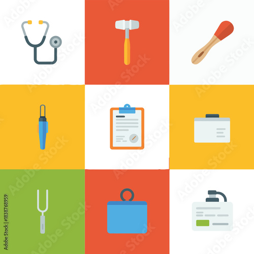 Pharmacy medicine and supplement icons collection, pills bottles syringe spoon blister pack flat vector illustration for healthcare design