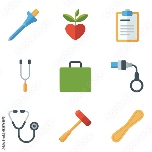 Medical pharmacy tools icons set, mortar pills bottle capsule thermometer flat vector illustration for clinical and drugstore projects