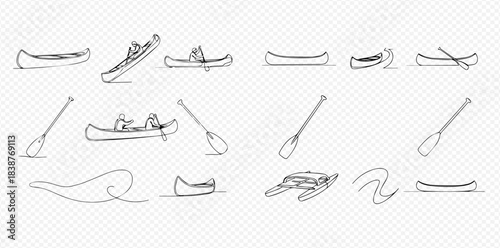 Set of hand-drawn canoe and paddle sketches, illustrating various boating activities and water recreation.