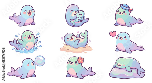 Cute sea lion vector character set in pastel colors. Adorable kawaii seal illustration collection. Happy marine animal icons for nursery, stickers and baby shower design.