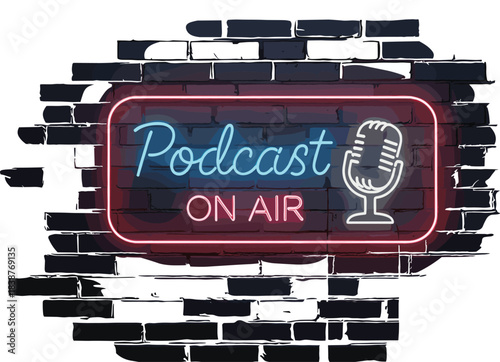 Podcast ON AIR Neon Sign Vector Glowing Microphone Graphic on a Dark Grunge Brick Wall Background for Streaming, Broadcasting, and Studio Design.