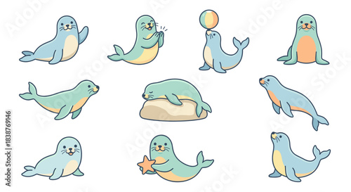 Cute Sea Lion Vector Set. Funny Marine Mammal Characters in Various Poses. Cartoon Animal Playing Ball, Holding Starfish, Waving and Sleeping for Sticker or Icon