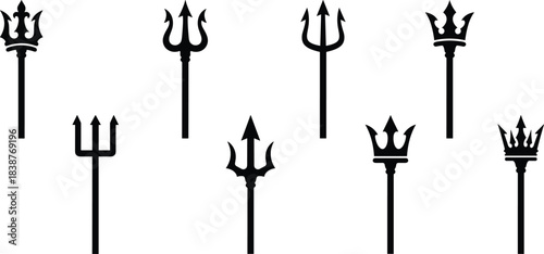 Set of Black Trident Silhouettes and Nepture or Devil Forks with Crowns, Ideal for Mythology, Royal, Power, and Weapon Graphic Design Elements.