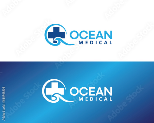 abstract circular sea waves with plus medical logo design template