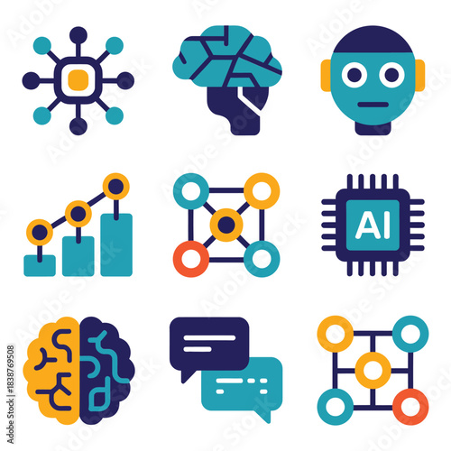 Artificial intelligence innovation icons set, brain robotics data analysis automation communication flat vector illustration