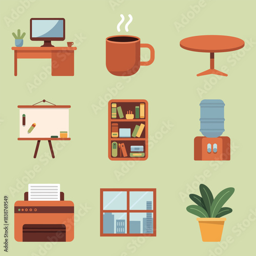 Modern workspace and office interior icons collection, desk furniture productivity elements flat vector illustration