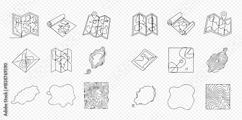 Collection of various outline map icons for travel, navigation, and location services.