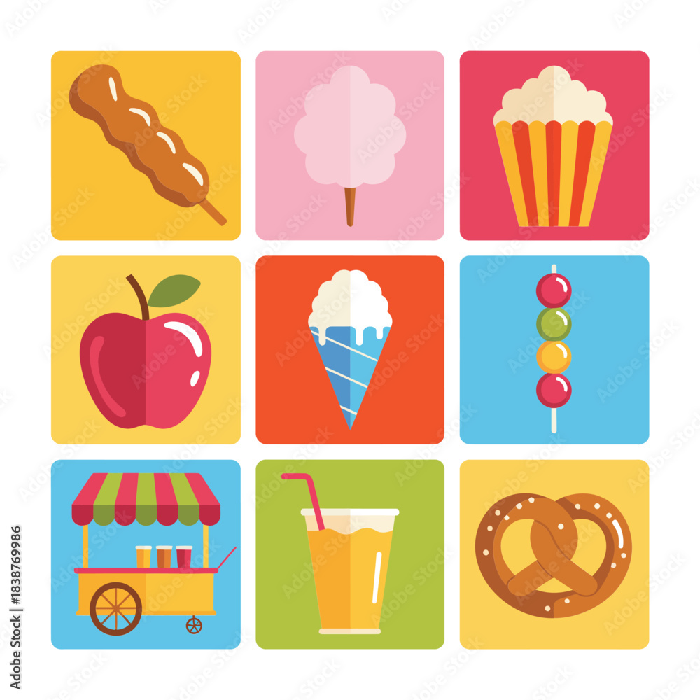 Obraz premium Carnival food and snack icons set, popcorn candy apple ice cream pretzel street food flat vector illustration