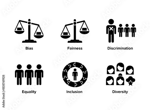 Bias Fairness Discrimination Equality Inclusion Diversity Minimal Black Icons