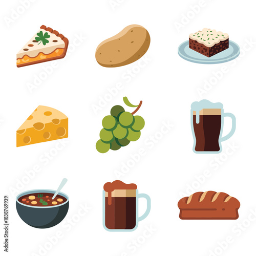 Traditional Irish food and drink icons set, cheese grapes bread stew cake beverage festive flat vector illustration