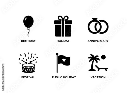 Birthday Holiday Anniversary Festival Public Vacation Minimal Black Icons