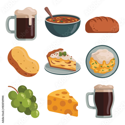 Pub cuisine and beverage elements collection, beer soup bread cheese grapes pastry traditional flat vector illustration