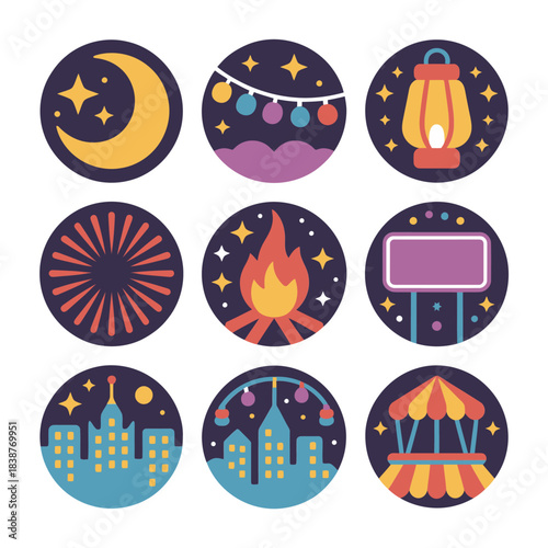 Night festival carnival icons set, fireworks lantern moon lights city fair celebration flat vector illustration