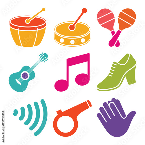 Music and dance festival icons set, drums maracas guitar notes shoes rhythm party flat vector illustration