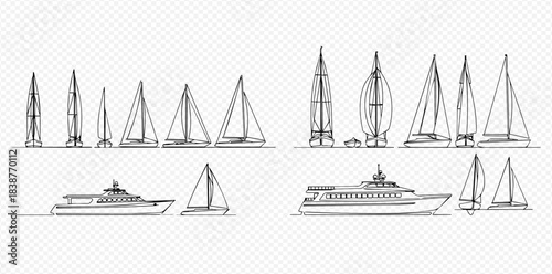 Set of hand-drawn boat and yacht sketches, including sailboats, motor yachts, and speedboats, for maritime design.