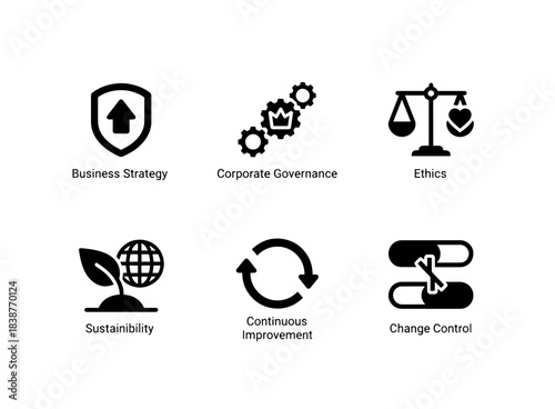 Business Strategy Corporate Governance Ethics Sustainability Continuous Improvement Icons