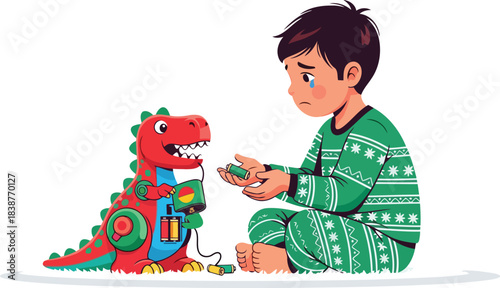 Sad boy with toy dinosaur needing batteries professional EPS vector artwork ready to use