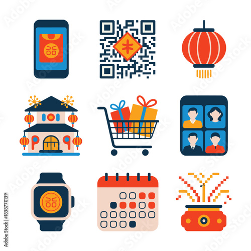 Festival shopping and digital lifestyle icon set, mobile payment calendar gifts lanterns smartwatch flat vector illustration