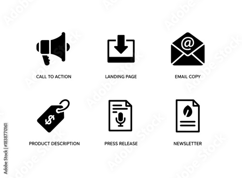 Call to Action Landing Page Email Copy Product Description Press Release Icons