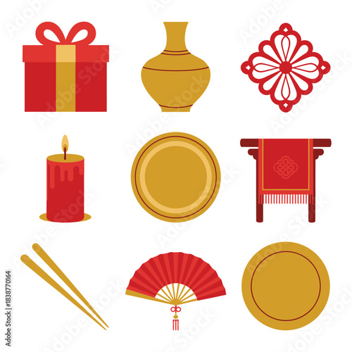 Traditional lunar festival decorative icon set, red gifts candles vases fans plates celebration elements flat vector illustration