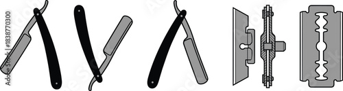 Collection of Barber Shaving Tools Vector Set Featuring Straight Razors, Safety Blades, and Screw-In Holders for Hairdressing and Grooming Iconography.