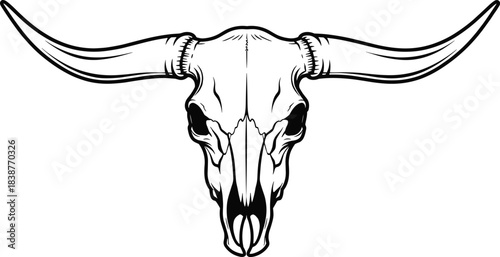 Black and white vector illustration of longhorn skull with curved horns, Western cattle ranching symbol of strength and resilience