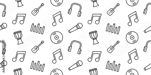 Seamless pattern of music and audio technology icons in a modern black outline style, featuring headphones, microphone, guitar, drum, CD, sound equalizer, and musical notes on a clean white background