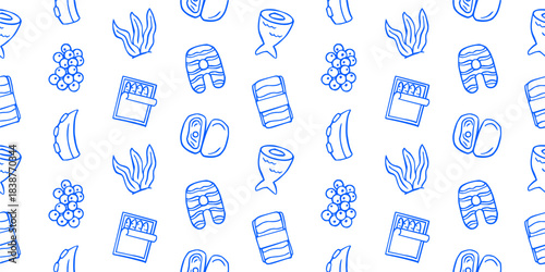Seamless pattern of healthy aquatic food illustrations in a modern blue outline style, featuring salmon steak, fish fillet, shrimp, seaweed, mussels, and scallops on a clean white background design