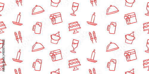 Seamless pattern of celebration and party icons in a clean red outline style, featuring cake, gift box, cloche, wine glass, candle, beer mug, skewers, and ice bucket on a clean white background
