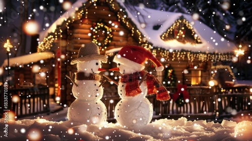 Festive Snowmen Decorated with Hats and Scarves Standing in Front of Illuminated Christmas Cabin