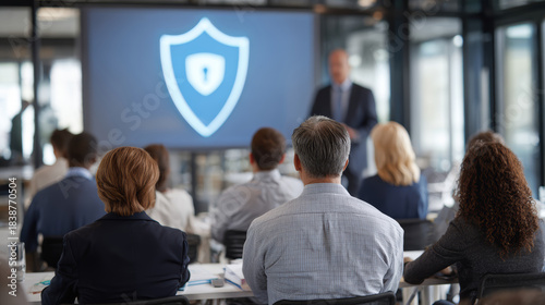 Cybersecurity training session with diverse business people listening to speaker in modern office