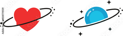 Cute Cartoon Vector Set of Red Heart and Blue Planet with Orbiting Rings and Stars for Romantic Space Themed T-Shirt Design and Stickers.