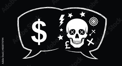 Black and white vector illustration of speech bubbles with dollar sign and controversial symbols representing financial and ethical conflict