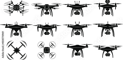 Black and white vector illustration of twelve drone silhouettes showcasing various aerial photography and quadcopter designs