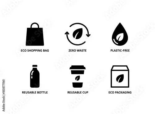 Eco Shopping Bag Zero Waste Plastic Free Reusable Bottle Reusable Cup Eco Packaging Icon Set