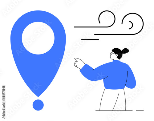 Navigation, geolocation, wayfinding, abstract communication, travel, direction. A person pointing at a large blue location marker. Navigation and geolocation concept