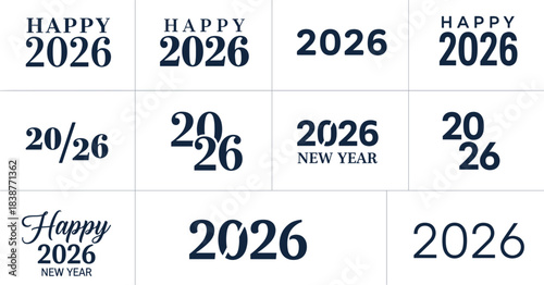 Black and white vector illustration of twelve typographic Happy New Year 2026 designs in various font styles