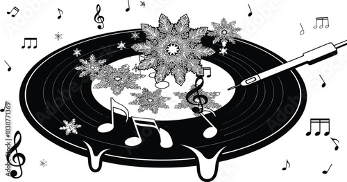 Black and white vector illustration of vinyl record with snowflakes, musical notes, and surreal melting winter music theme