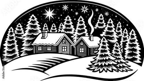 Serene snowy winter landscape with cozy lit cabins, snow-covered pine trees, winding path and smoky chimneys under a pastel twilight starry sky — peaceful holiday scene for greeting cards, backgrounds