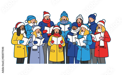 A diverse group of people, dressed in warm winter coats and hats, singing Christmas carols from songbooks.