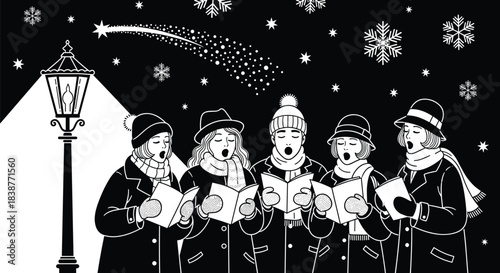 Black and white vector illustration of winter carolers singing outdoors under stars and snow near vintage street lamp