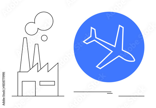Factory with chimneys next to airplane inside blue circle. Ideal for industry, environment, pollution, aviation, transportation, economy, sustainability. Simple flat metaphor