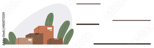 Cardboard boxes in varying sizes with green leaves, symbolizing sustainability and logistics. Ideal for shipping, delivery, storage, eco-friendly packaging, business, warehouse management, simple