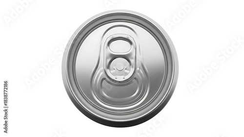 Close up top view of a silver beverage can tab and lid isolated on white background