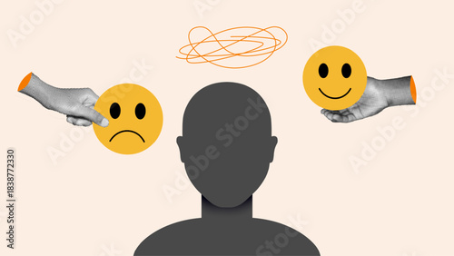 A silhouette of a person with happy and sad emojis, positive and negative feelings. Mental health awareness and mood management