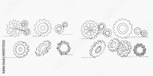 Continuous line drawing of various gears and cogs, illustrating mechanical engineering and industrial concepts.
