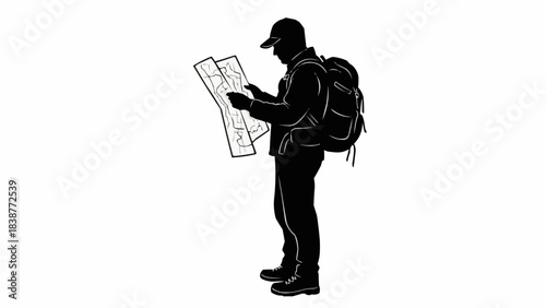 Silhouette of a male hiker with a backpack looking at a map.