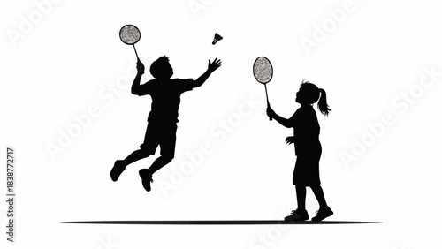Two people playing badminton silhouette against a white background.